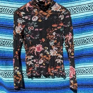 Sheer Black Floral Mock Neck blouse